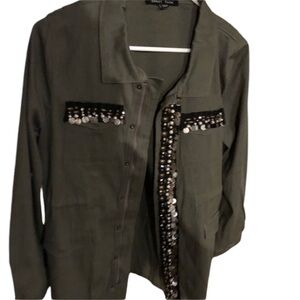 SWEET RAIN Large army green 3/4 jacket embellished zipper & snaps cinched waist